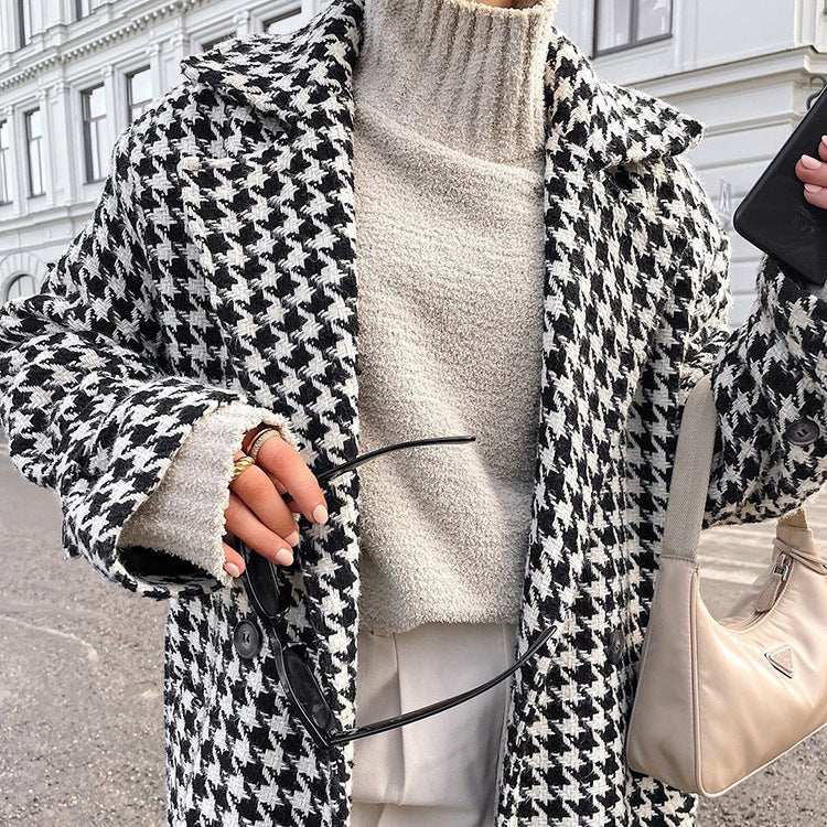 Houndstooth Long Trench Coat High-end Coat