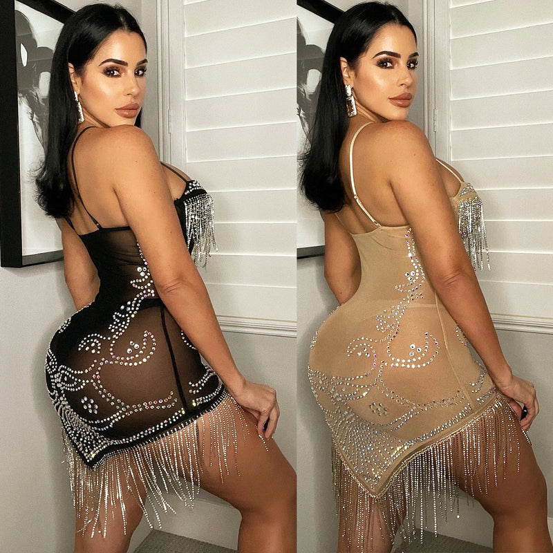 Mesh Hot Drill Sling Fringed Dress