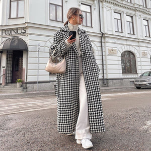 Women Clothing Autumn Winter Houndstooth Long Trench Coat High End Fashionable Coat Black White Young Coat for Women