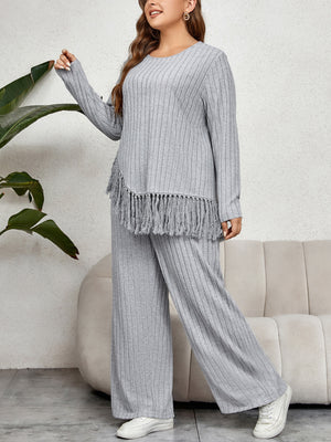 Plus Size Irregular Asymmetric Tassel Long Sleeved Top Loose Wide Leg Pants Suit