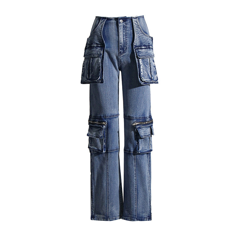 Casual Women Jeans Autumn Stitching Large Pocket Straight Slimming Denim Trousers