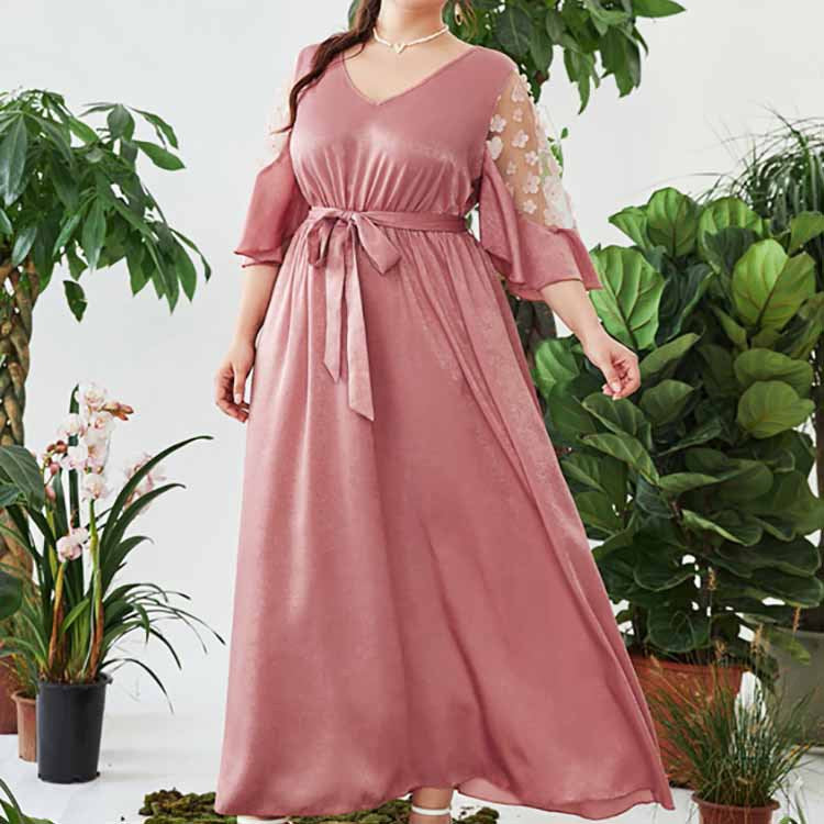 Plus Size Spring Summer Printed Dress Elastic Waist Dress Belted