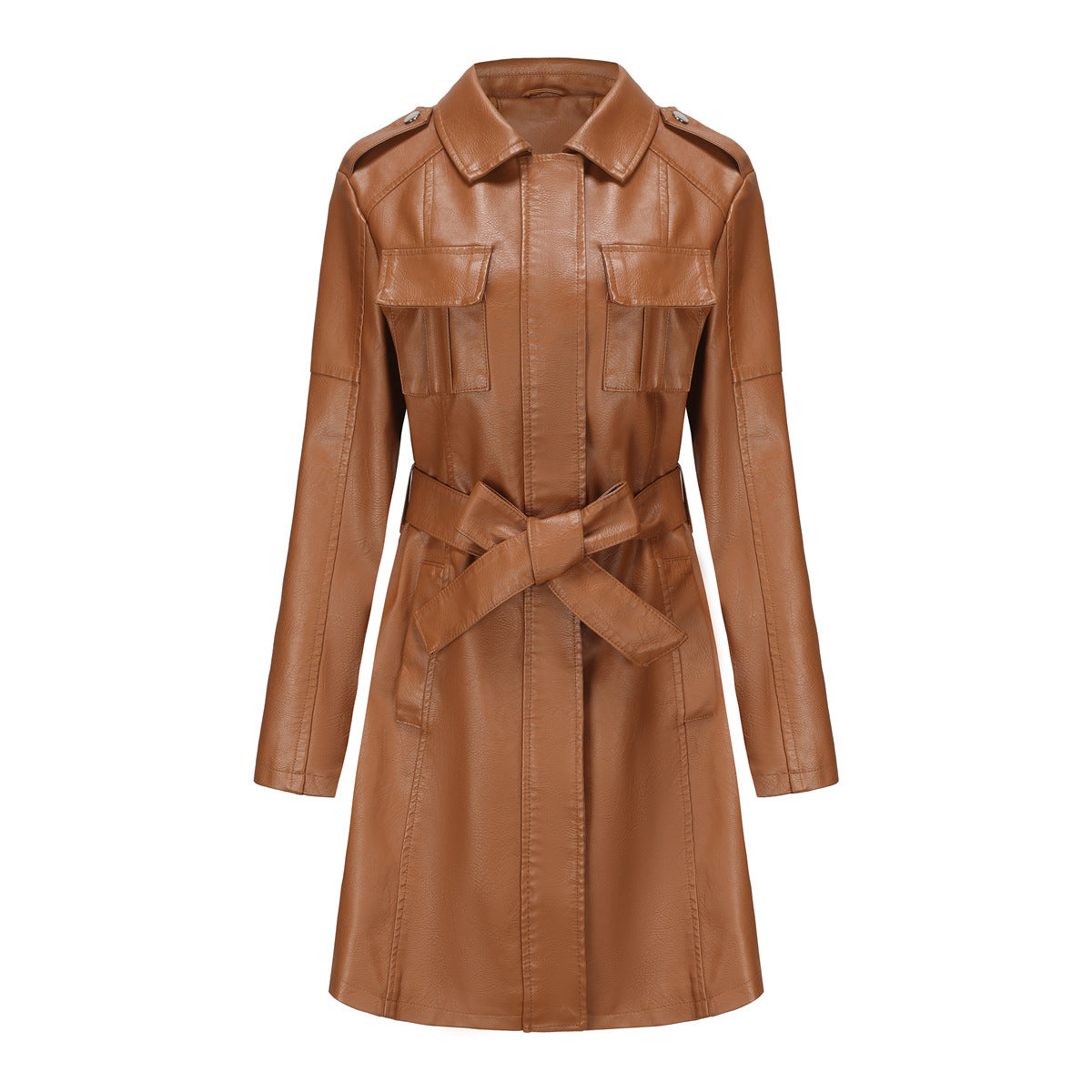 Mid Length Leather Coat With Belt Spring Autumn Long Sleeve Leather Wind Coat British Coat Women