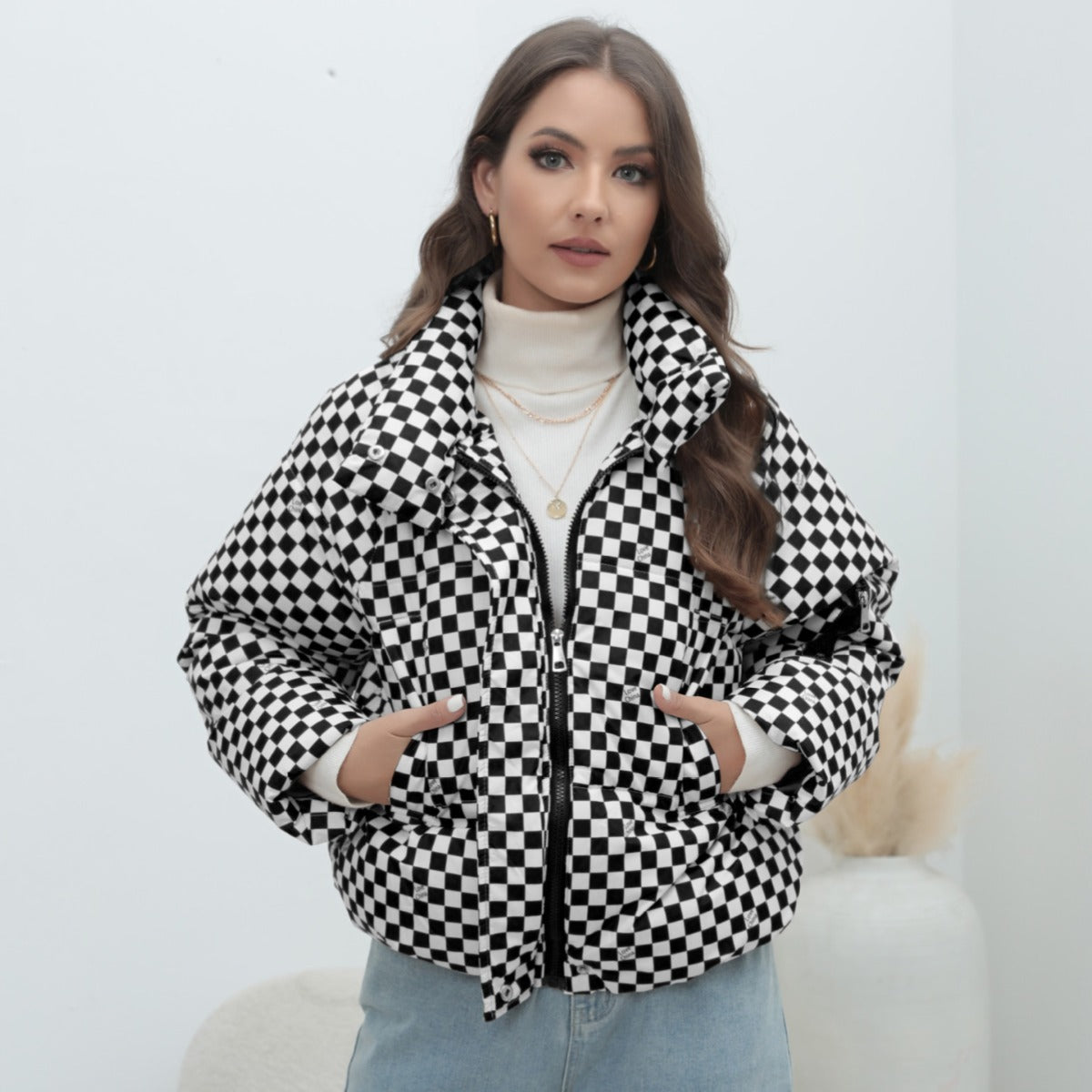 Coat Plaid Women Coat Bread Coat Warm down Cotton Jacket Cotton Padded Jacket Women Cotton Padded Clothing