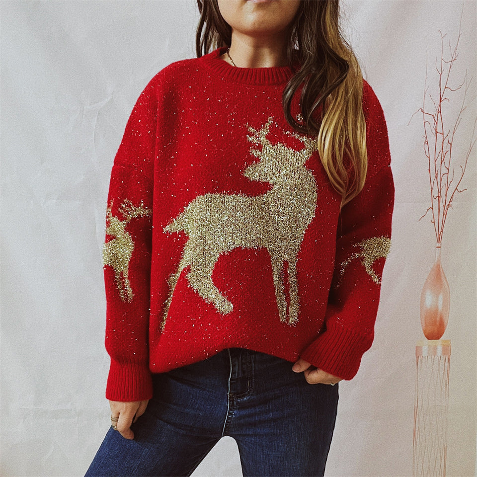 Autumn Winter Loose Gold Line Jacquard Deer Pattern Round Neck Long Sleeve Christmas Sweaters Pullover