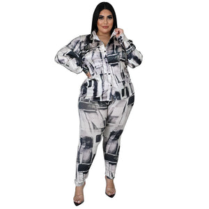 Plus Size Glossy Shirt Long Sleeve Digital Printed Pants Suit Two-Piece Set