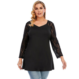 Plus Size Spring Ladies Oversized Knit Lace Stitching Long Sleeve V Neck Backless Casual T Shirt