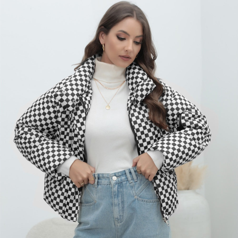 Coat Plaid Women Coat Bread Coat Warm down Cotton Jacket Cotton Padded Jacket Women Cotton Padded Clothing