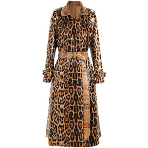 Goods Spring Autumn Snakeskin Leopard Print Long Trench Coat Goddess Long Sleeve Leather Jacket Women Overcoat