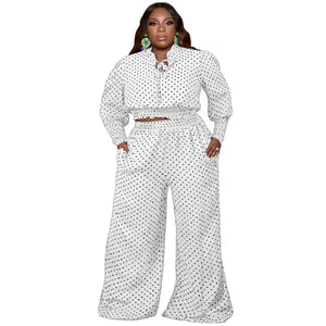 Plus Size Sexy Women Wear Polka Dot Smocking Lace-up Wide-Leg Pants Two-Piece Set