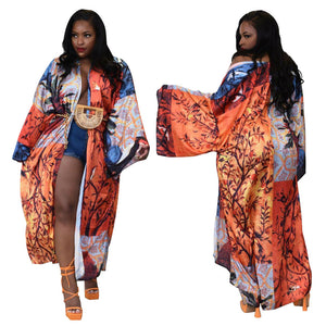 Coat Artificial Silk Multi Print Casual Trench Coat