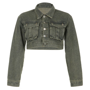 Distressed Green Workwear Denim Jacket Personalized Pocket Casual Short Top Autumn