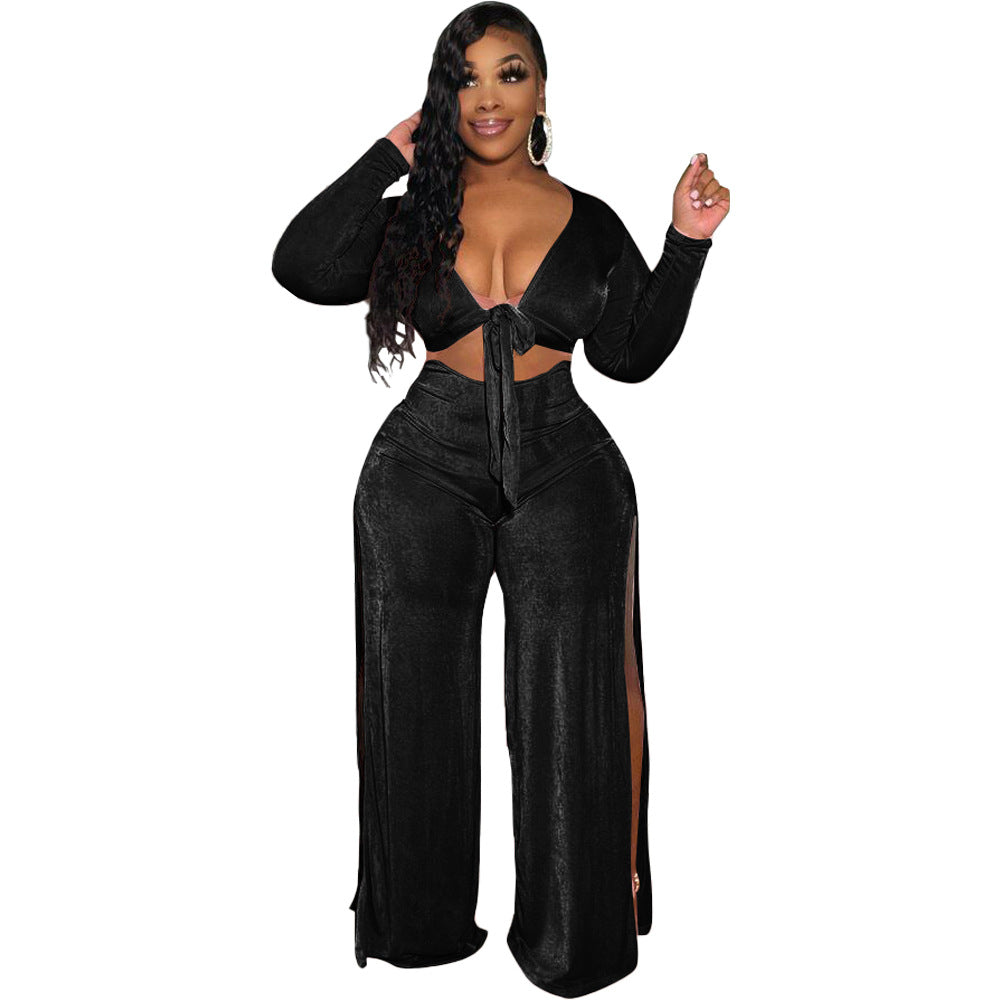 Plus Size Women Clothing Women Clothing High Slit Sexy Office Velvet Women Two-Piece Set