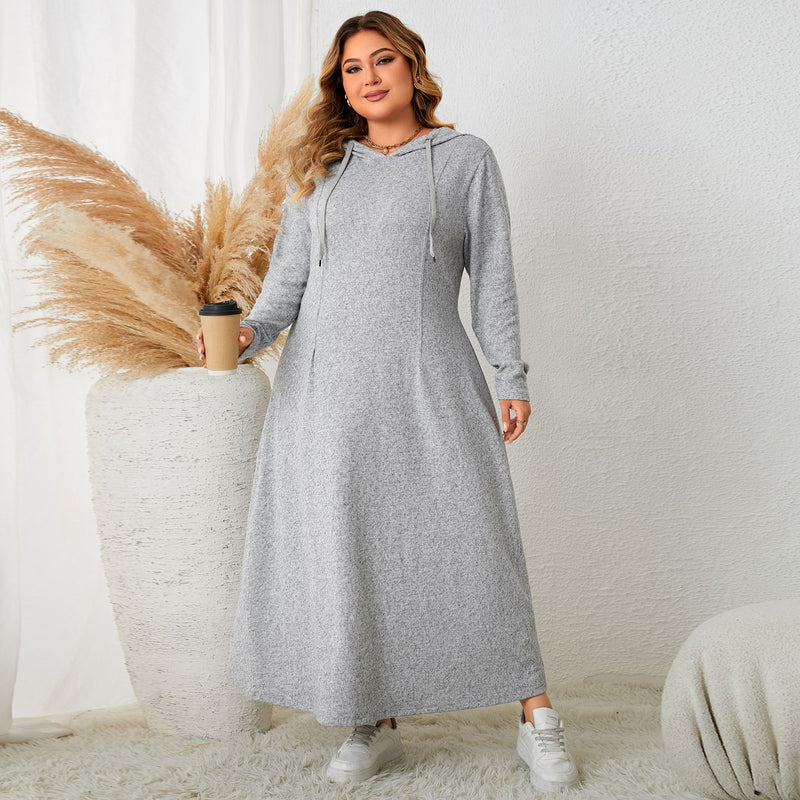 Plus Size Women Clothing Hooded Casual Dress Autumn Waist A line Dress