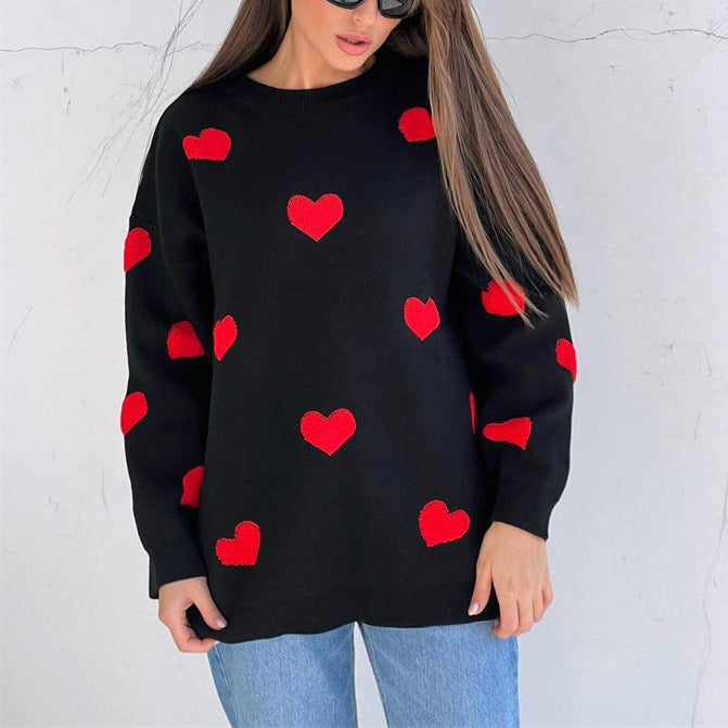 Love Embroidered Crew Neck Autumn Winter Sweater Women Loose Casual Thickening Top Sweater