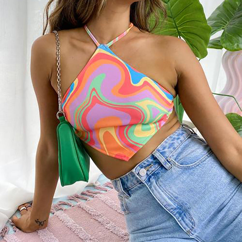 Women Summer Color Halter Top Slim Fit Backless Cropped Strap Vest