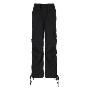 Street Low Waist Loose Cargo Casual Pants Women Black Large Pocket Design Woven Simple Straight Leg Pants