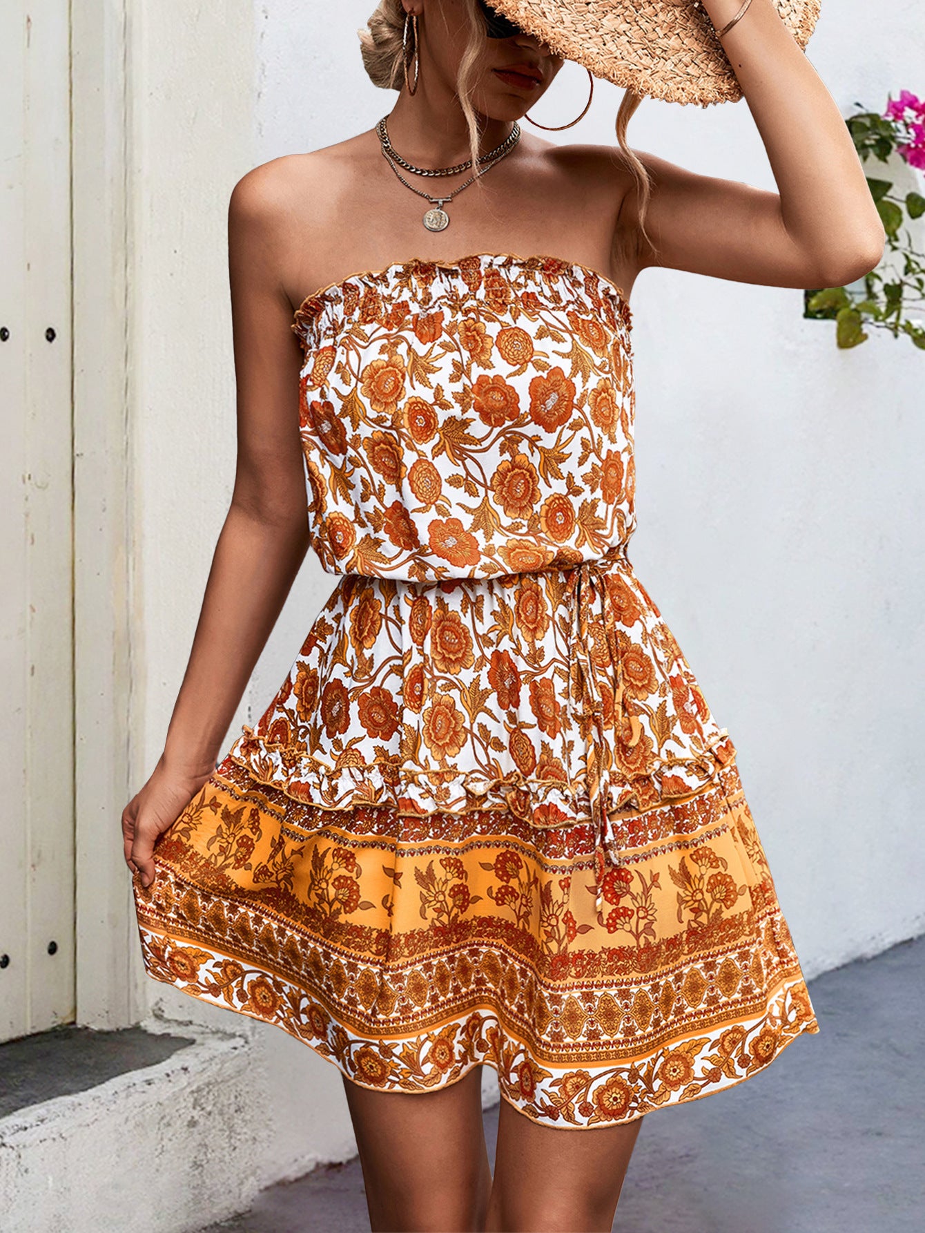 Spring Summer Women Clothing Bohemian Floral Smocking Tube Top Dress