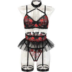 Floral Embroidery Mesh Stitching Sling Halter Sexy Underwear Complex Sexy Four Piece Set Women