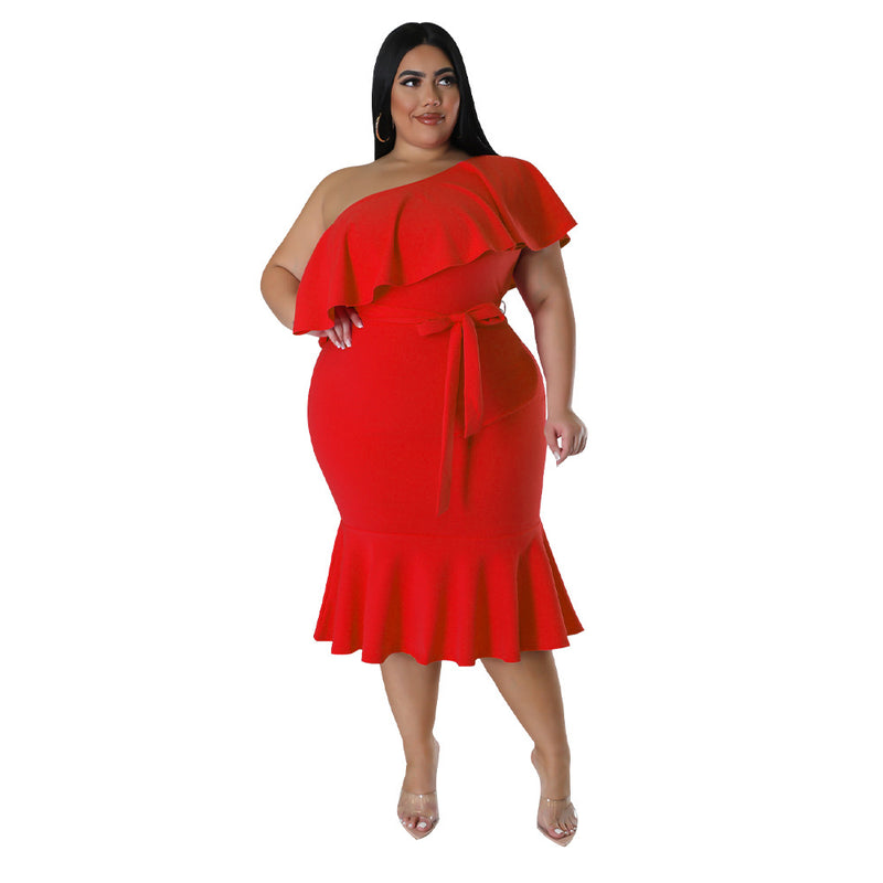 Plus Size Women Clothing Slim Casual Ruffled Tube Top Midi Dress