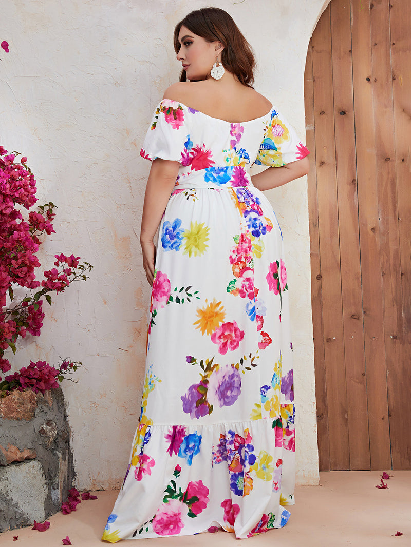 Plus Size Dress Large Print Off Shoulder Short Sleeve Long Lace Up Dress