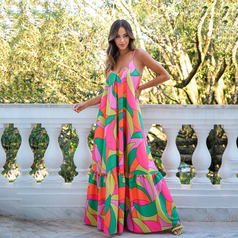 Spring Summer Women Clothing Deep V Plunge neck Backless Dress Bohemian Floral Strap Maxi Dress