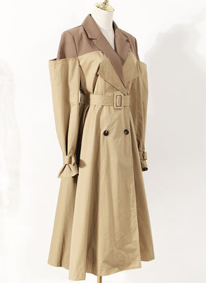 Two Color Knot Collar Trench Coat Women Mid Length Knee Autumn Design Waist Trimming Coat