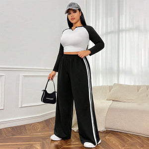 Plus Size Women Clothes Simple Trendy Casual Pants Autumn Winter Slim Fit Contrast Color Wide Leg Pants