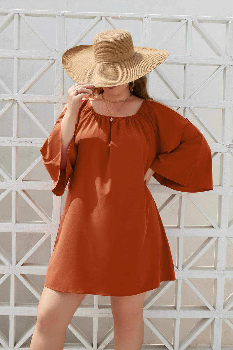 Plus Size Women Clothing Solid Color Casual Holiday Dress Travel Crew Neck Split Puff Sleeve Dress