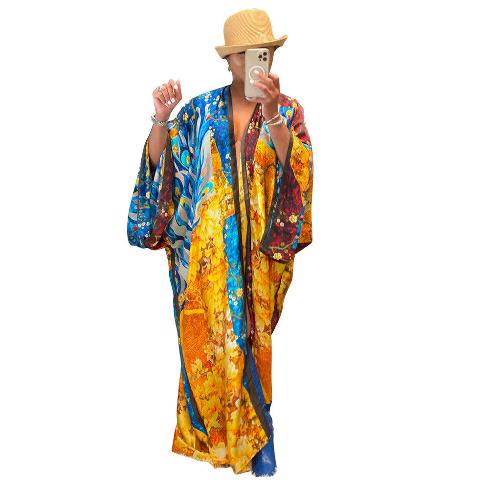 Coat Artificial Silk Multi Print Casual Trench Coat