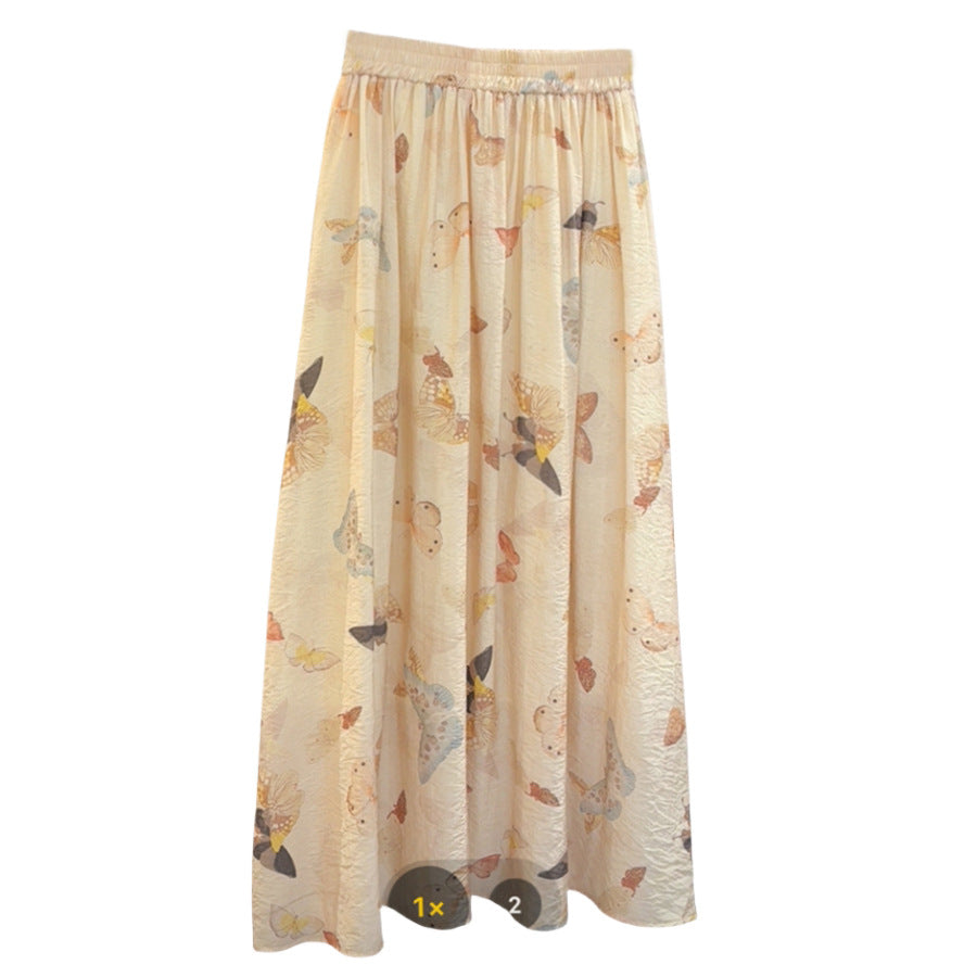 Vintage Artistic Silk Linen Printed Butterfly Skirt Women Elastic Waist A line Base Casual Dress