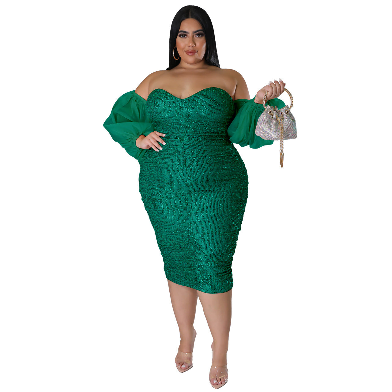 Plus Size Sexy Sequ Dress Tube Top Mesh Solid Color Evening Dress Tight Sexy Hip