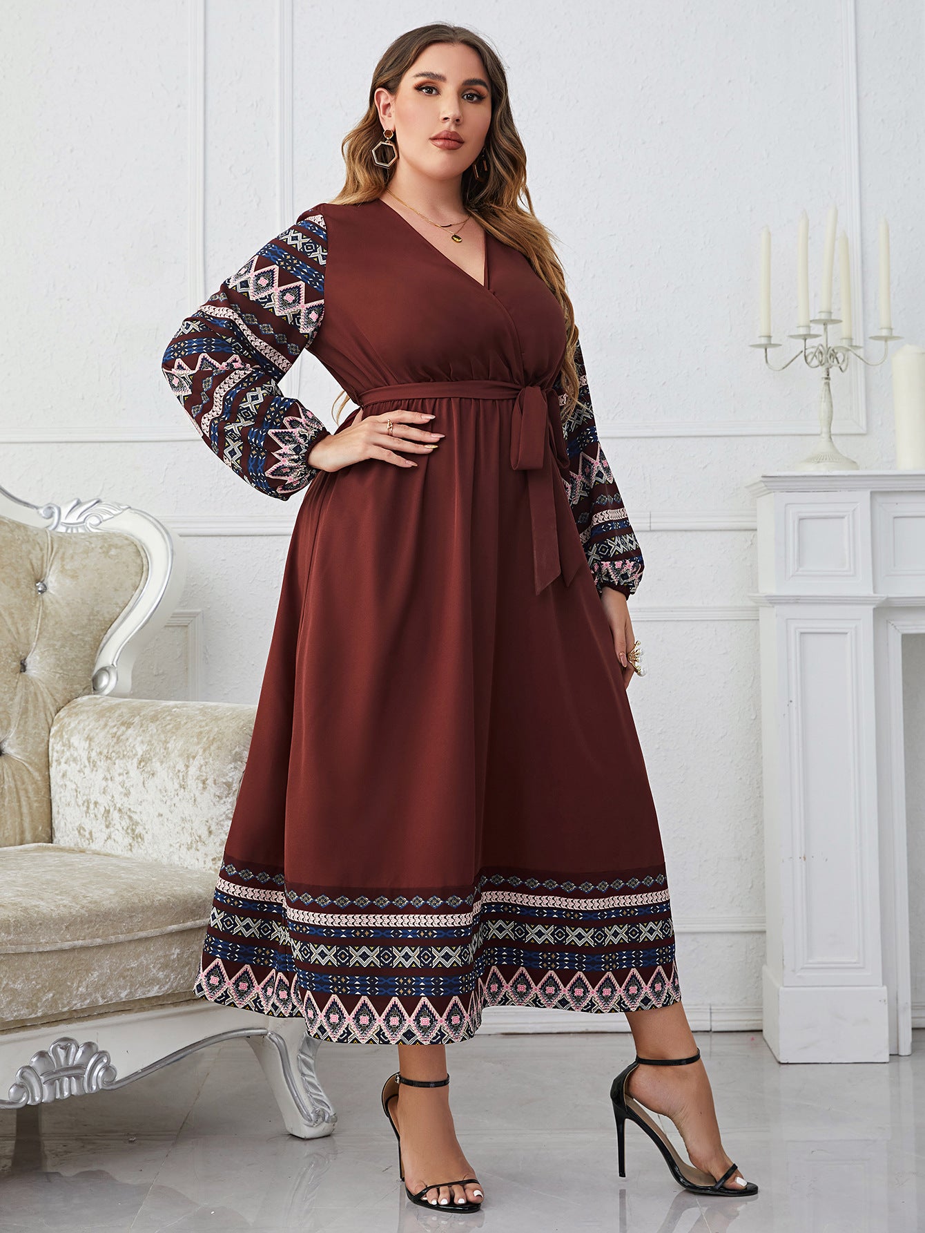 Plus Size Elegant Tied High Waist V neck Women Long Sleeved Dress