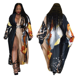 Coat Artificial Silk Multi Print Casual Trench Coat