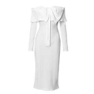 Women Clothing Spring Solid Color Striped Long Sleeve Tube Top Off Shoulder Bow Dress