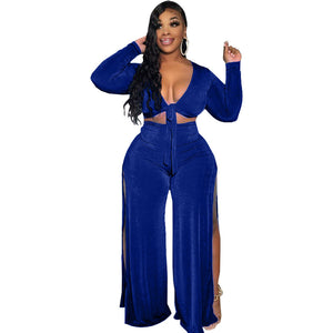 Plus Size Women Clothing Women Clothing High Slit Sexy Office Velvet Women Two-Piece Set