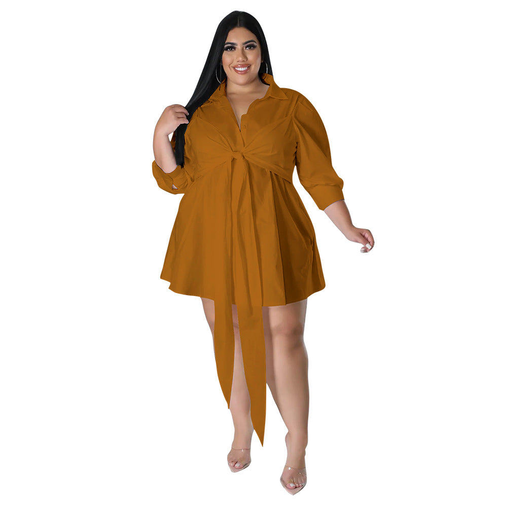 Plus Size Women Sexy Solid Color Tied Shirt Mini Dress