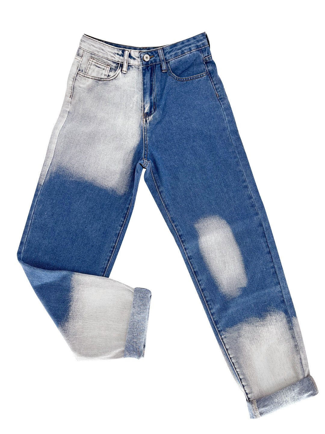 Cotton Mid Waist Trousers Hand Brushed Washed Urban Casual Denim Normal Blue Color Jeans