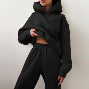 Autumn Winter Women Clothing Solid Color Trousers Thickened Long Sleeve Hooded Sweater Casual Set