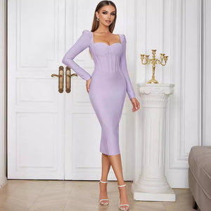 Summer Simple Retro Tube Top Long Sleeve Bandage Mid Length Slim Front Slit Dinner Dress