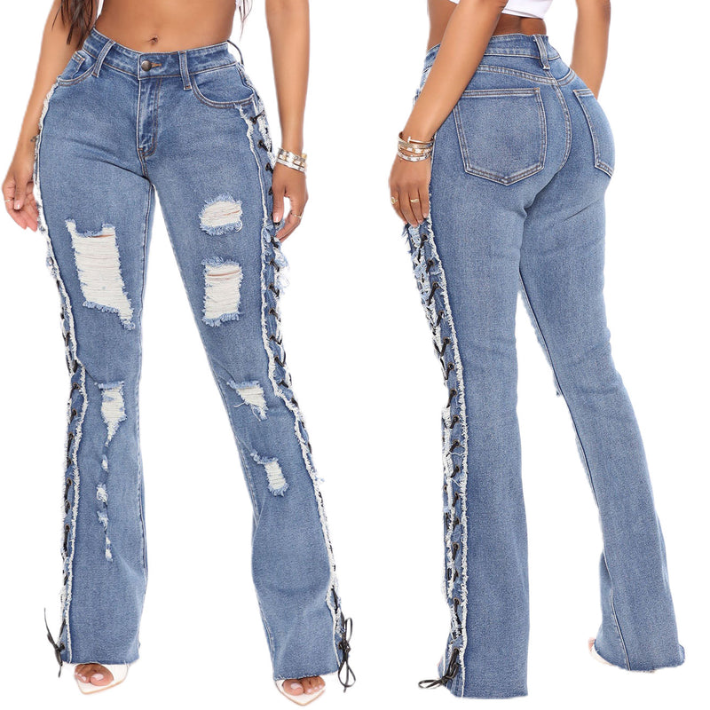 Women Clothing Eyelet Rope High Elasticity Sexy Slim Ripped Denim Trousers