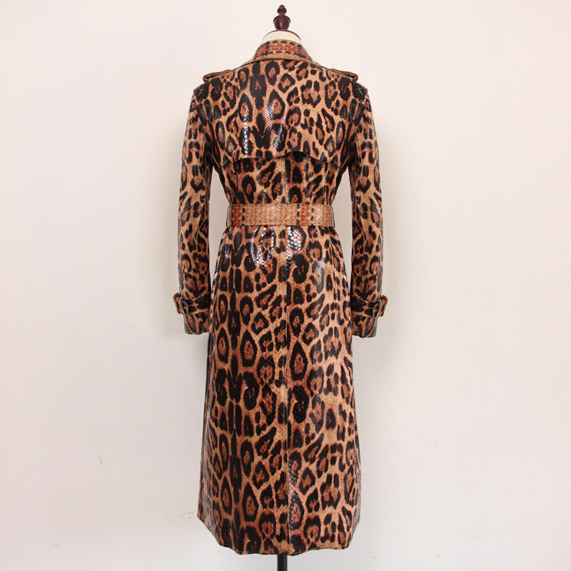 Goods Spring Autumn Snakeskin Leopard Print Long Trench Coat Goddess Long Sleeve Leather Jacket Women Overcoat