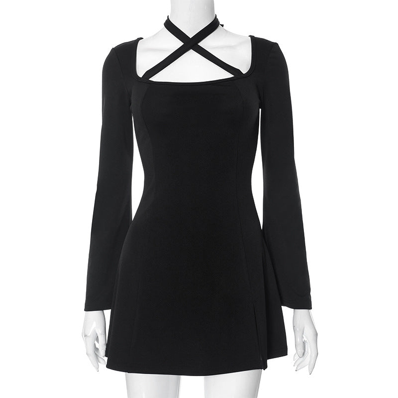 Women Clothing Autumn Winter Long Sleeve Halter Square Collar Sexy Dress