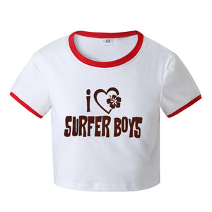 Street Women Clothing I Heart Surfer Boys Letter Graphic Printing Short Short Sleeve T shirt