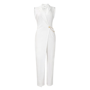 Women Clothing Elegant Elegant Suit Collar Tight Waist Chain Loose Wide Leg Jumpsuit