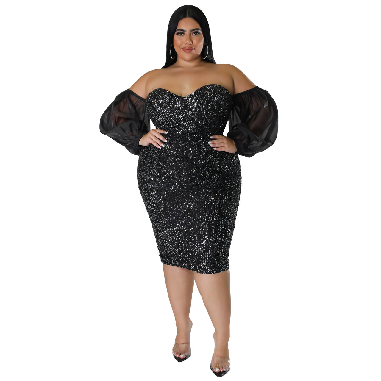 Plus Size Sexy Sequ Dress Tube Top Mesh Solid Color Evening Dress Tight Sexy Hip