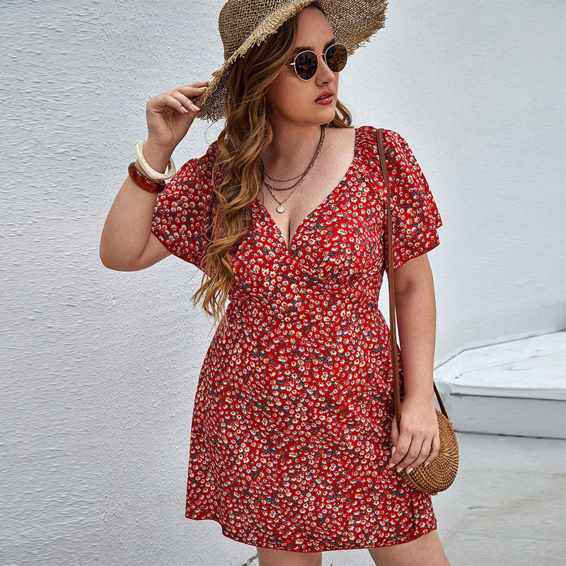 Plus Size Women Clothes Spring Summer Sexy V Neck Small Floral Beach Vacation Home Casual Dress