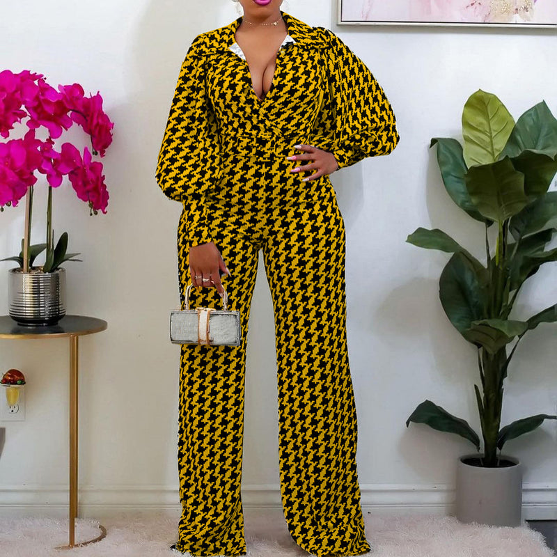 Spring Women Clothing Elegant Lantern High Waist Straight Printed Wide Leg African Jumpsuit