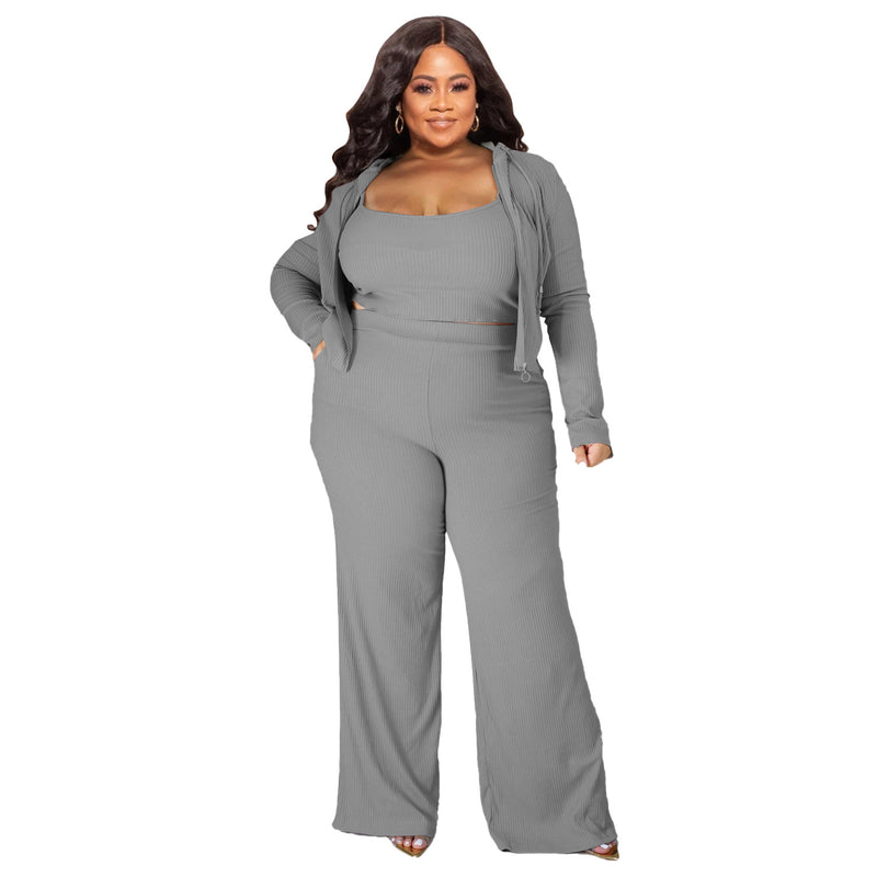 Plus Size High Elastic Sunken Stripe Three Piece Suit Sports Casual Sexy Women Clothing