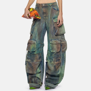 Street Women Clothing Heavy Industry Wash Gradient Color Halter Lace up Vest Zipper off Neck Bandeau Sling Pants Sets